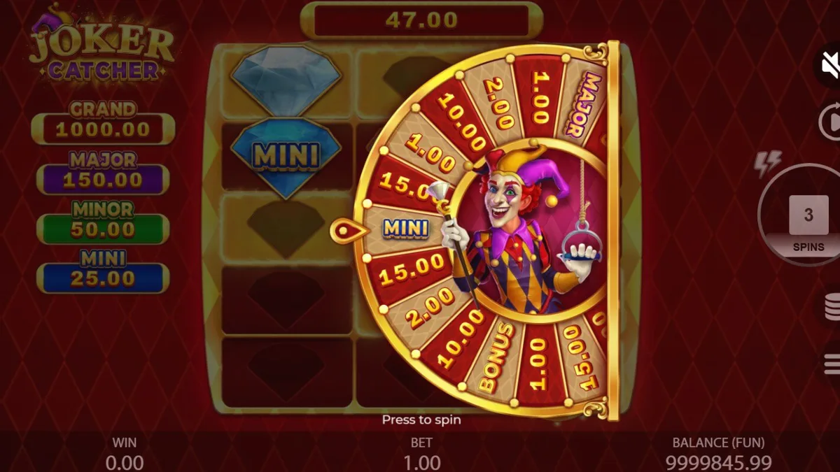 Tampilan antarmuka slot Joker Catcher dengan simbol klasik dan Joker di tengah