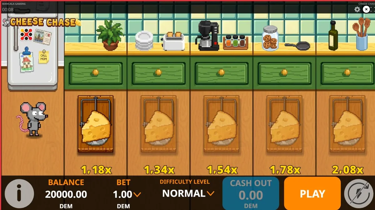 Tampilan visual retro 8-bit dari permainan slot Cheese Chase