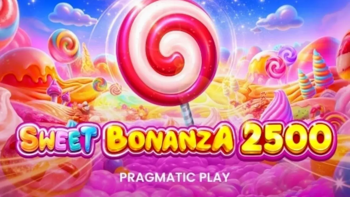 Tampilan visual penuh warna dari slot Sweet Bonanza 2500 dengan simbol permen dan buah