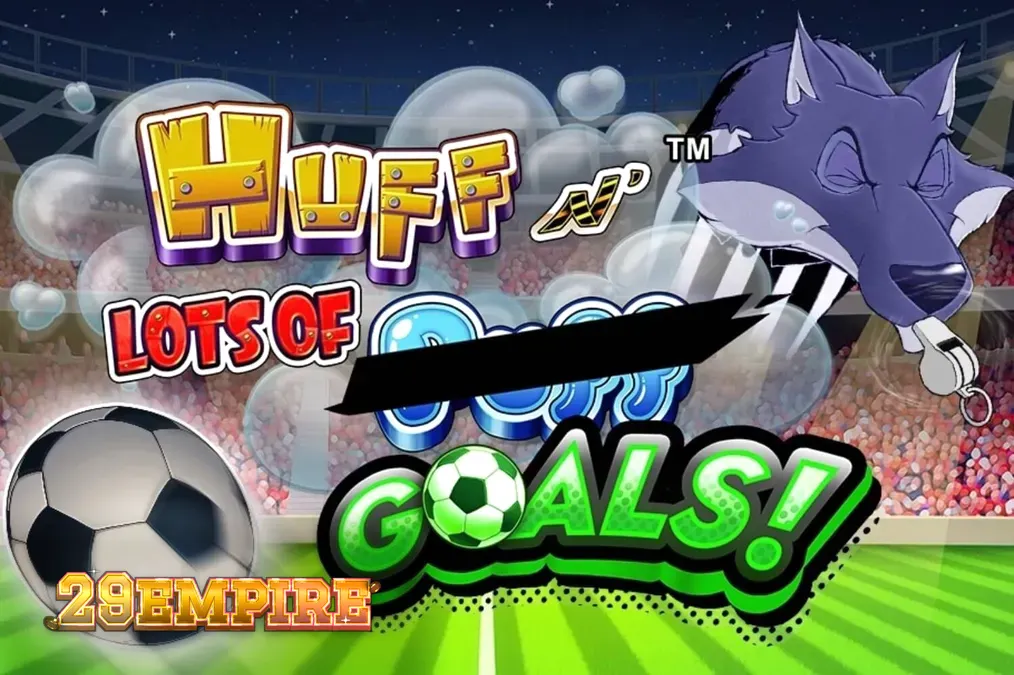 Tampilan visual slot Huff N' Lots of Goals dengan tema sepak bola dan karakter babi.